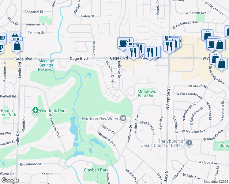 map of restaurants, bars, coffee shops, grocery stores, and more near 2017 Meadows Drive North in Richland
