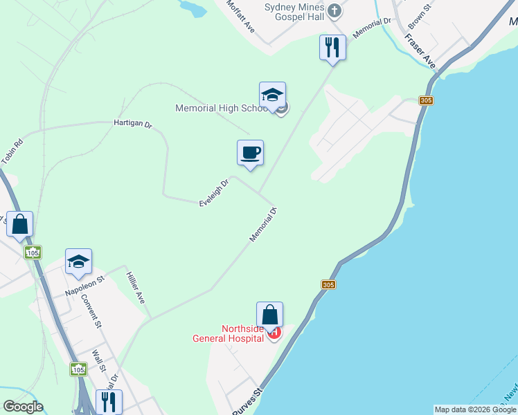 map of restaurants, bars, coffee shops, grocery stores, and more near 220 Memorial Drive in Sydney Mines