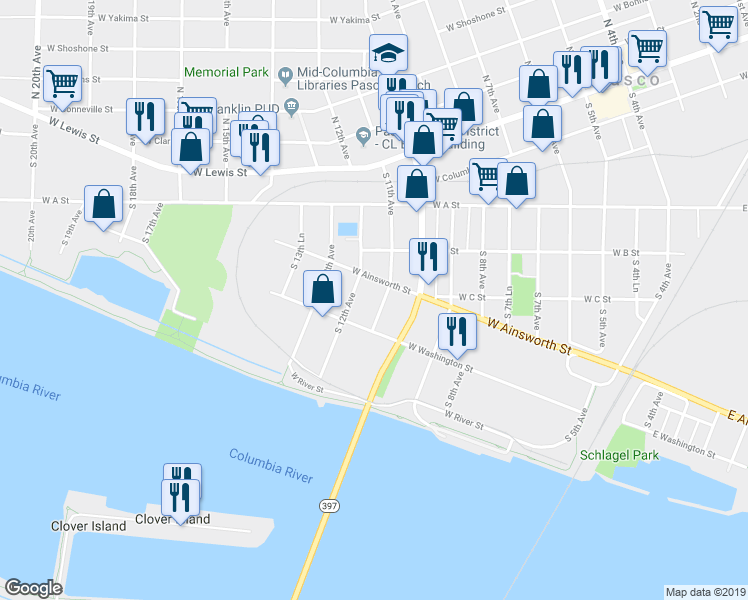 map of restaurants, bars, coffee shops, grocery stores, and more near 1216 South 11th Avenue in Pasco