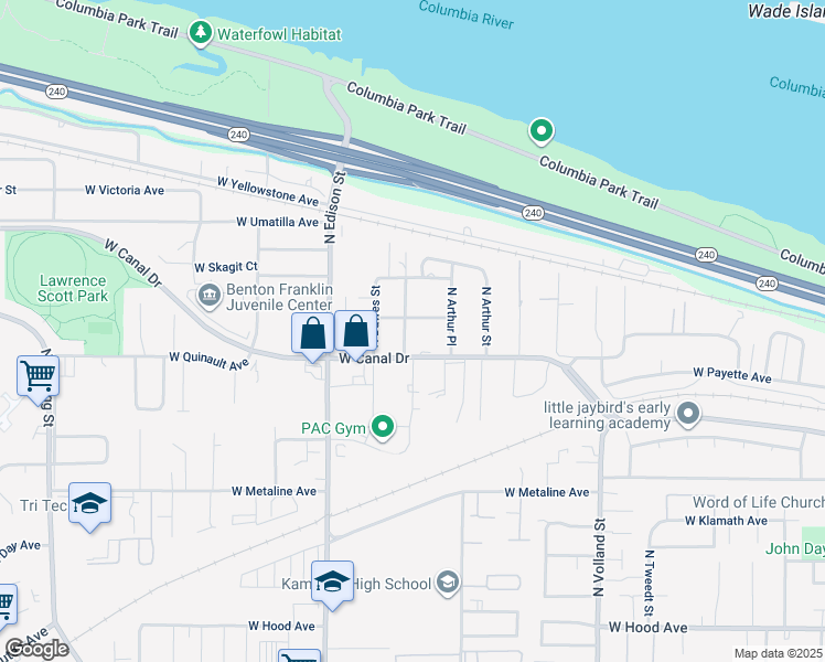map of restaurants, bars, coffee shops, grocery stores, and more near 1216 North Cleveland Street in Kennewick