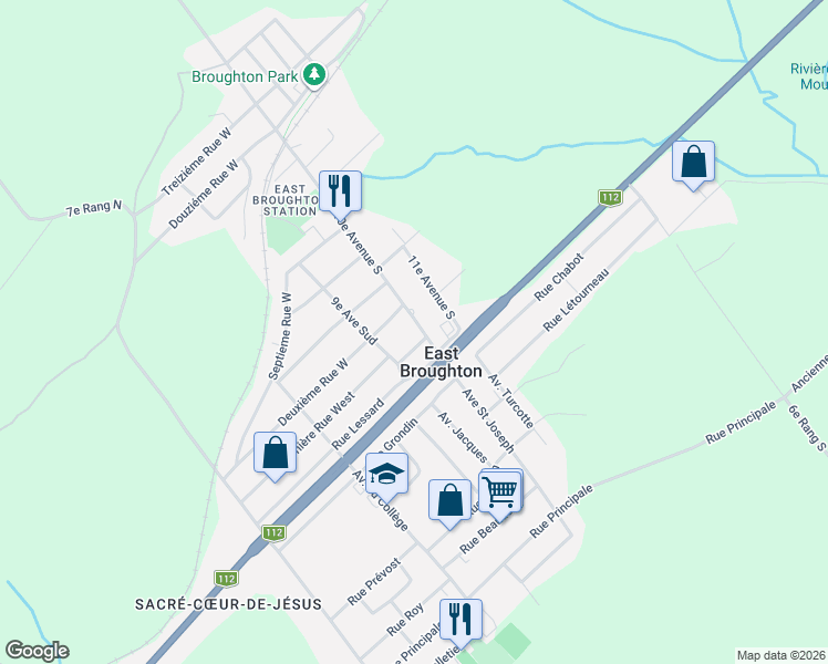 map of restaurants, bars, coffee shops, grocery stores, and more near 515 10e Av Sud in East Broughton