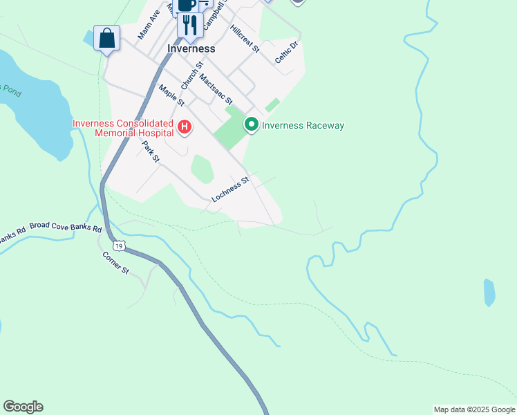 map of restaurants, bars, coffee shops, grocery stores, and more near 28 Maple Street Extension in Inverness