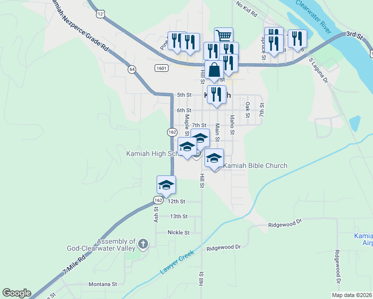 map of restaurants, bars, coffee shops, grocery stores, and more near 812 Maple Street in Kamiah