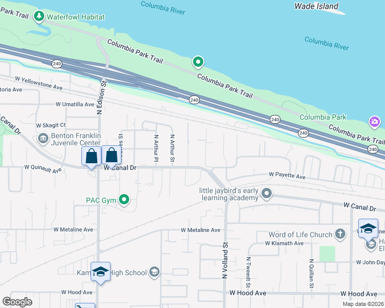 map of restaurants, bars, coffee shops, grocery stores, and more near 1216 North Yost Street in Kennewick