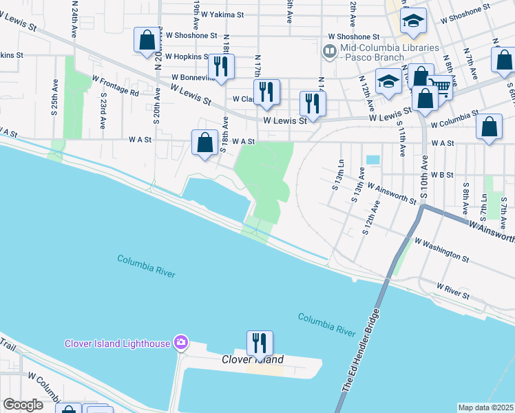 map of restaurants, bars, coffee shops, grocery stores, and more near 1524 West A Street in Pasco
