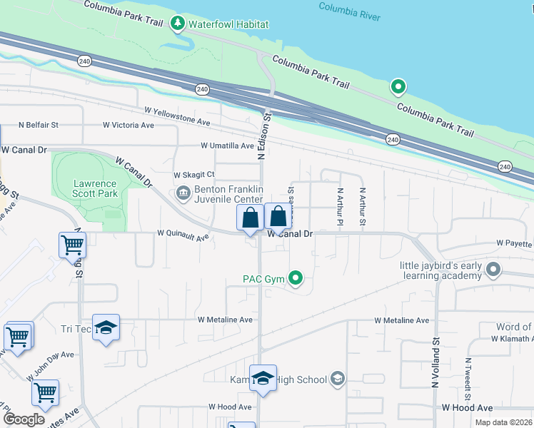 map of restaurants, bars, coffee shops, grocery stores, and more near 1217 North Edison Place in Kennewick