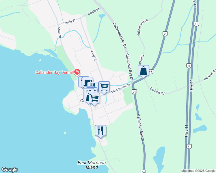 map of restaurants, bars, coffee shops, grocery stores, and more near 10 Toronto Street in Callander