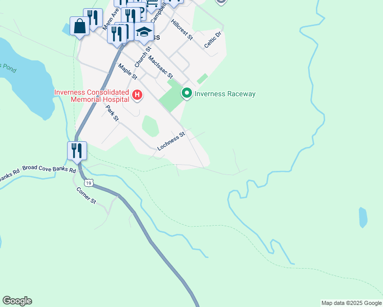 map of restaurants, bars, coffee shops, grocery stores, and more near 28 Maple Street Extension in Inverness