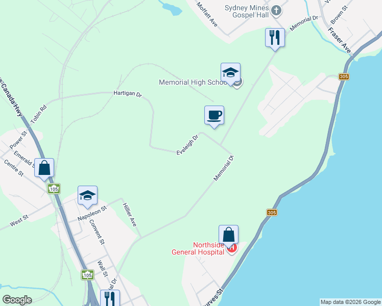 map of restaurants, bars, coffee shops, grocery stores, and more near Eveleigh Drive in Sydney Mines