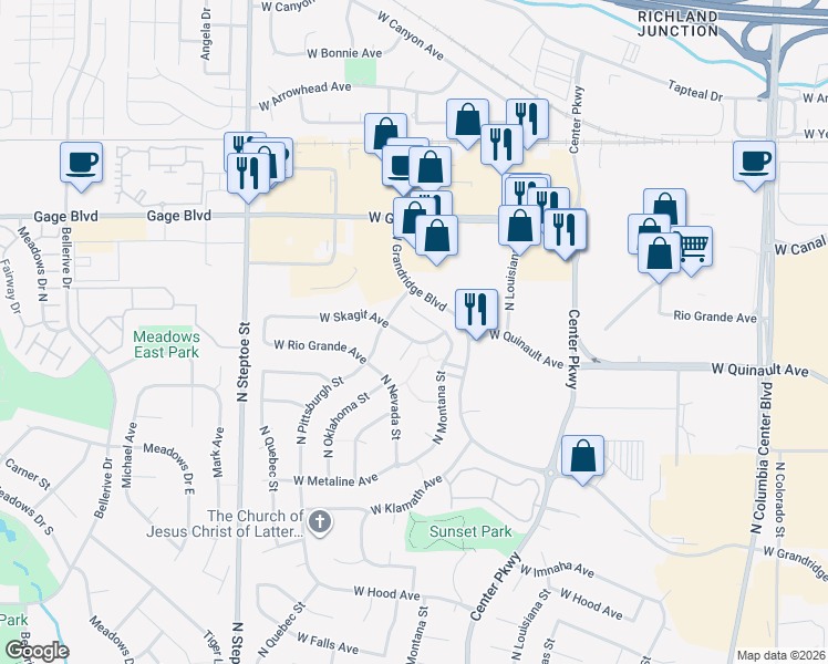 map of restaurants, bars, coffee shops, grocery stores, and more near 8702 West Skagit Avenue in Kennewick