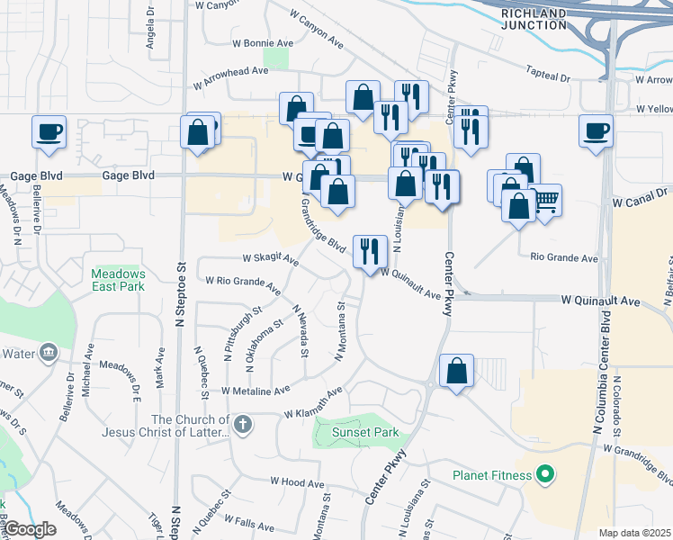 map of restaurants, bars, coffee shops, grocery stores, and more near 1501 North Montana Court in Kennewick