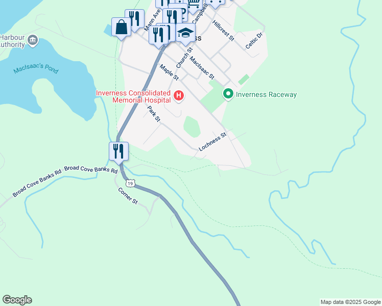 map of restaurants, bars, coffee shops, grocery stores, and more near Park Street in Inverness