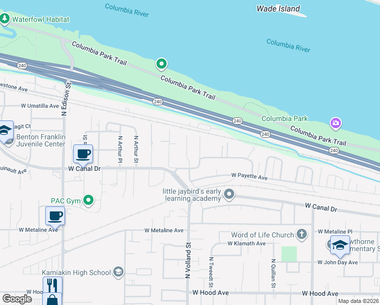 map of restaurants, bars, coffee shops, grocery stores, and more near 1226 North Volland Street in Kennewick