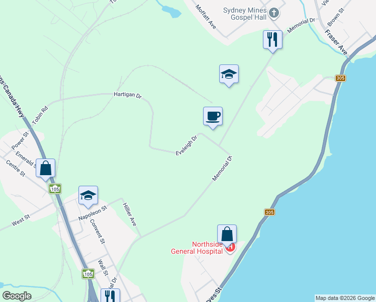 map of restaurants, bars, coffee shops, grocery stores, and more near 35 Eveleigh Drive in Sydney Mines