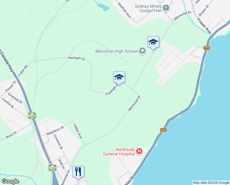 map of restaurants, bars, coffee shops, grocery stores, and more near Eveleigh Drive in Sydney Mines