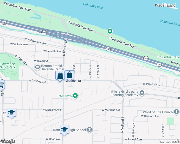 map of restaurants, bars, coffee shops, grocery stores, and more near 1299 North Arthur Place in Kennewick