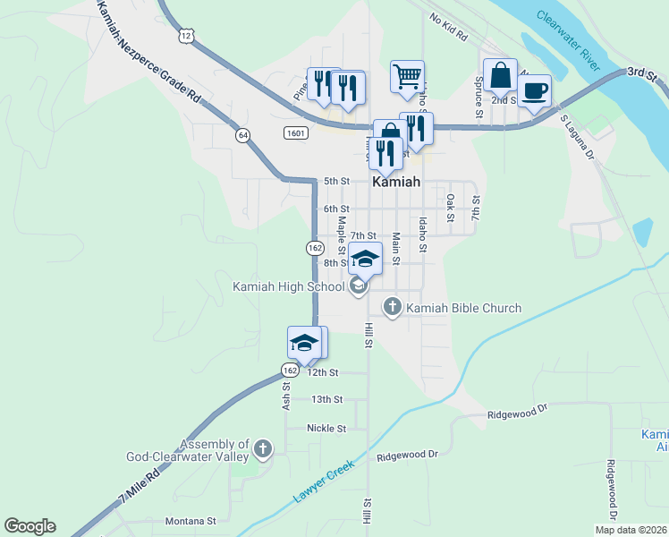 map of restaurants, bars, coffee shops, grocery stores, and more near 812 Maple Street in Kamiah