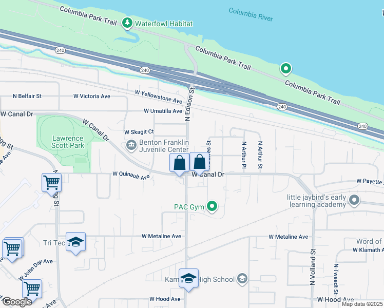 map of restaurants, bars, coffee shops, grocery stores, and more near 1217 North Edison Place in Kennewick