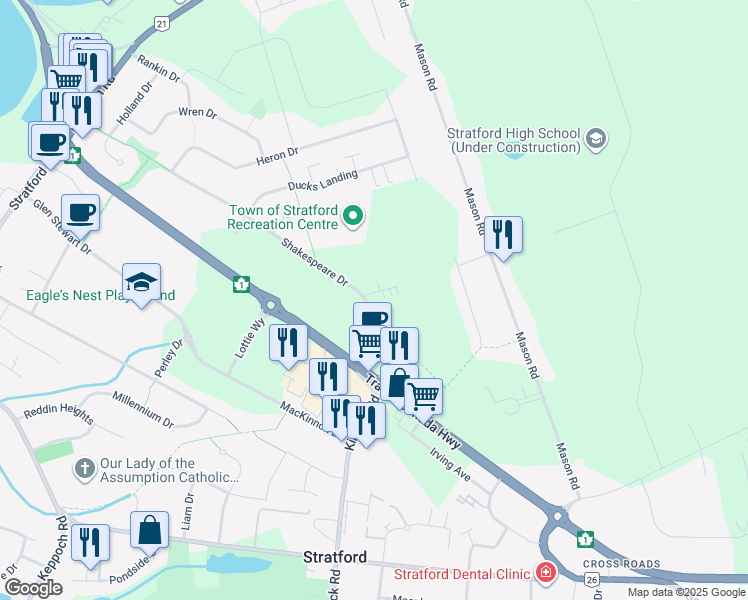map of restaurants, bars, coffee shops, grocery stores, and more near in Stratford