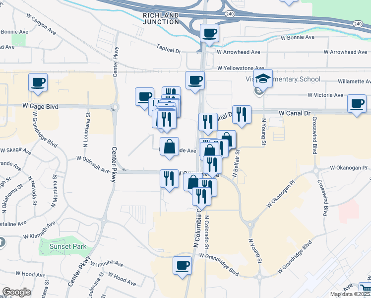 map of restaurants, bars, coffee shops, grocery stores, and more near 1321 North Columbia Center Boulevard in Kennewick