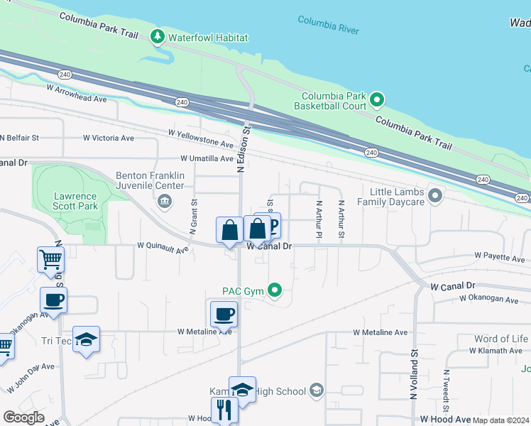 map of restaurants, bars, coffee shops, grocery stores, and more near 1309 North Dawes Street in Kennewick