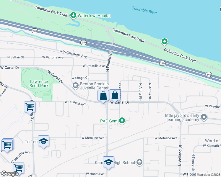 map of restaurants, bars, coffee shops, grocery stores, and more near 1309 North Edison Place in Kennewick