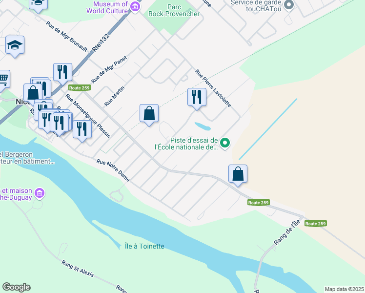 map of restaurants, bars, coffee shops, grocery stores, and more near 514 Rue Chatillon in Nicolet