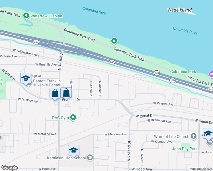 map of restaurants, bars, coffee shops, grocery stores, and more near 1216 North Yost Street in Kennewick