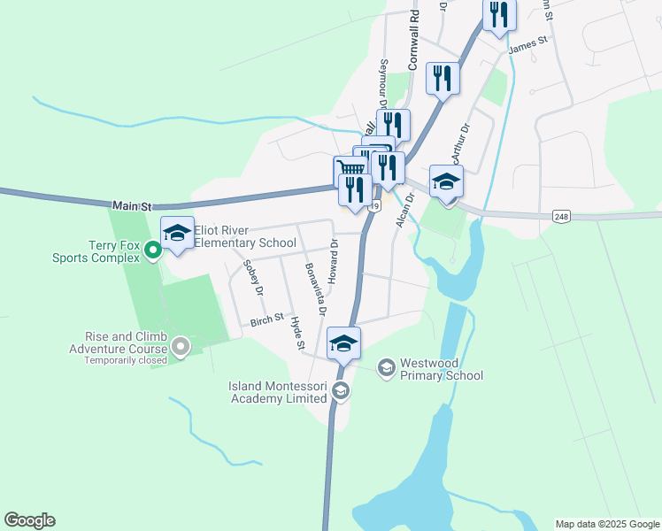 map of restaurants, bars, coffee shops, grocery stores, and more near 21 Howard Drive in Cornwall