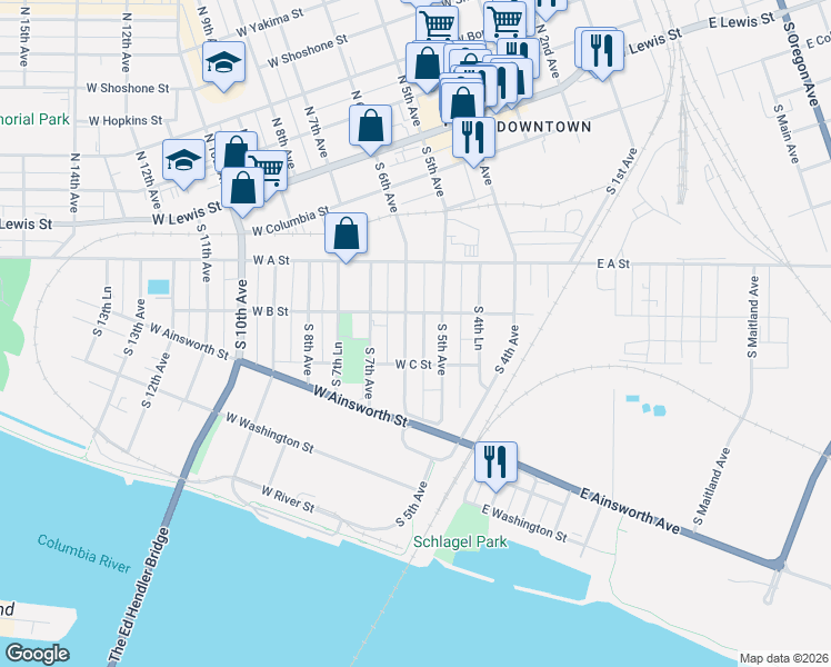 map of restaurants, bars, coffee shops, grocery stores, and more near 531 W B St in Pasco