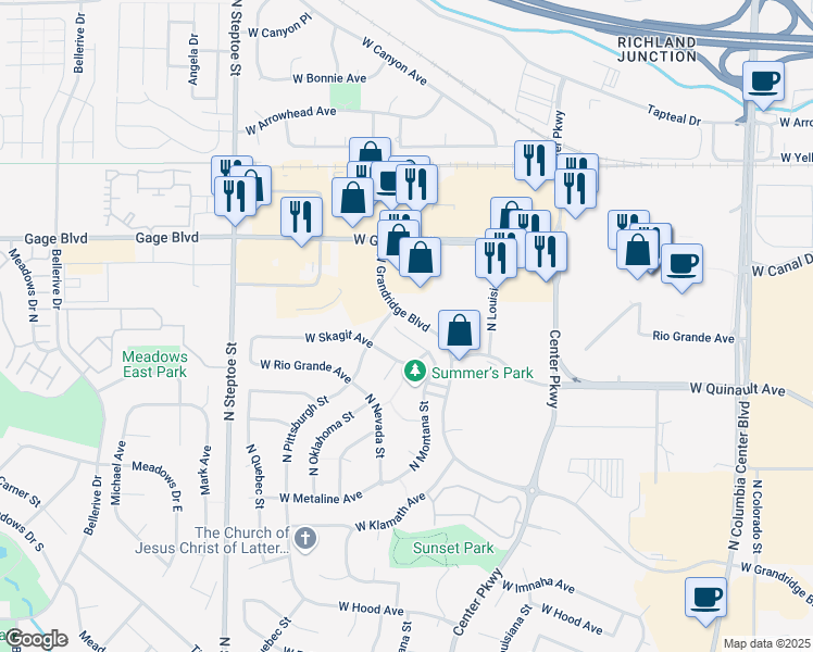 map of restaurants, bars, coffee shops, grocery stores, and more near 8505A West Gage Boulevard in Kennewick