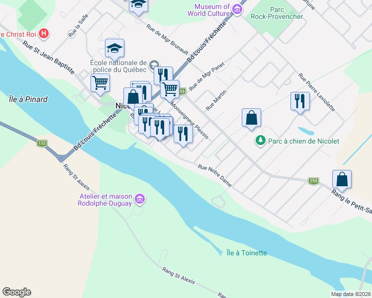 map of restaurants, bars, coffee shops, grocery stores, and more near 162 Rue de Monseigneur Signay in Nicolet