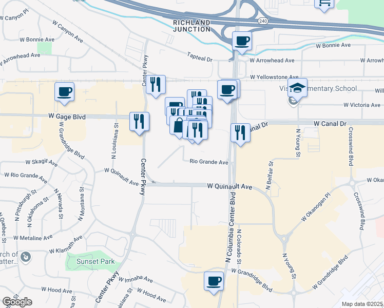 map of restaurants, bars, coffee shops, grocery stores, and more near 455 North Columbia Center Boulevard in Kennewick