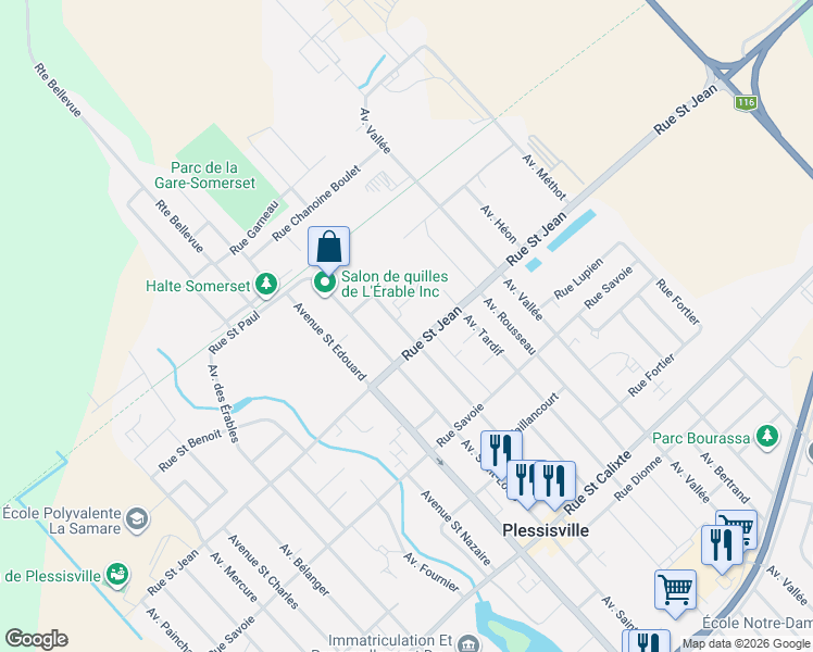 map of restaurants, bars, coffee shops, grocery stores, and more near 2030 Avenue Saint Laurent in Plessisville