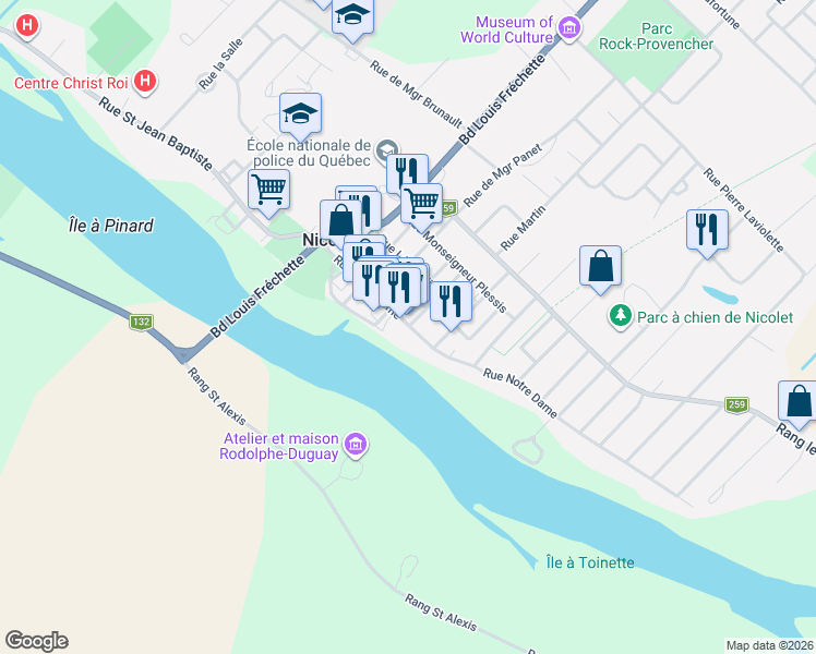 map of restaurants, bars, coffee shops, grocery stores, and more near 293 Rue Notre Dame in Nicolet