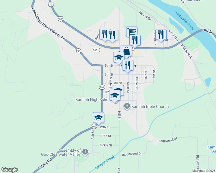 map of restaurants, bars, coffee shops, grocery stores, and more near 620 Maple Street in Kamiah