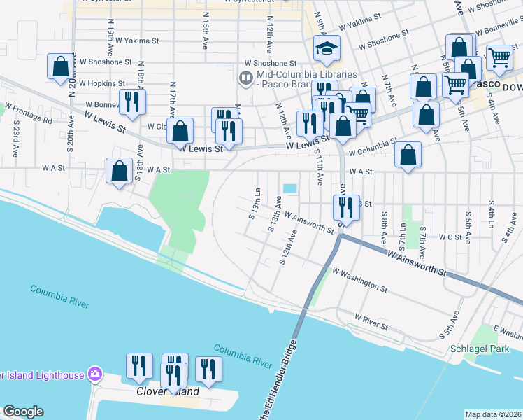 map of restaurants, bars, coffee shops, grocery stores, and more near 1319 West Ainsworth Street in Pasco