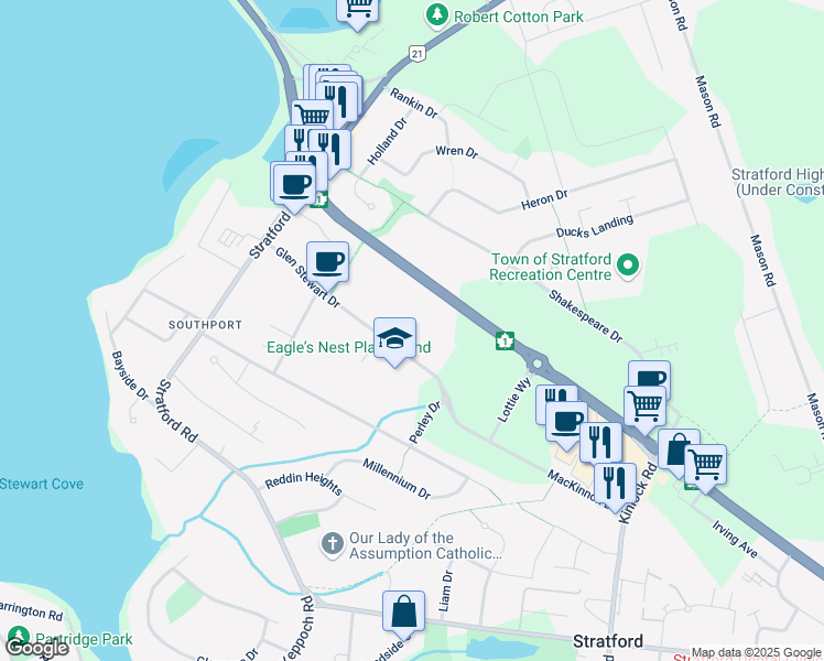 map of restaurants, bars, coffee shops, grocery stores, and more near 37 Glen Stewart Drive in Stratford