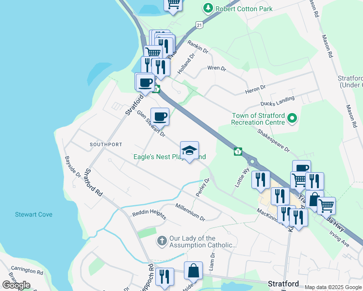 map of restaurants, bars, coffee shops, grocery stores, and more near 29 Glen Stewart Drive in Stratford