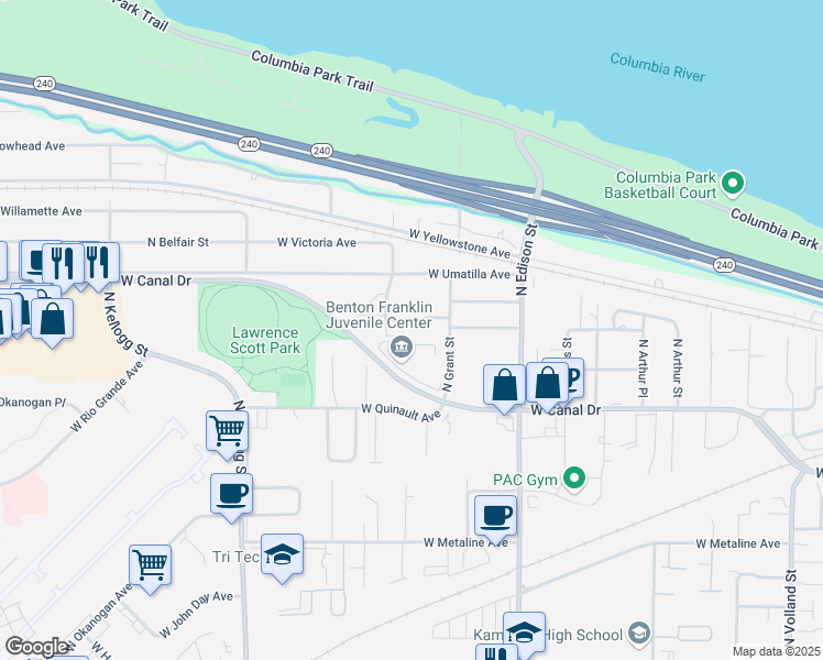 map of restaurants, bars, coffee shops, grocery stores, and more near 5505 West Skagit Court in Kennewick