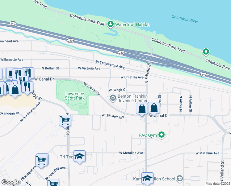 map of restaurants, bars, coffee shops, grocery stores, and more near 5505 West Skagit Court in Kennewick