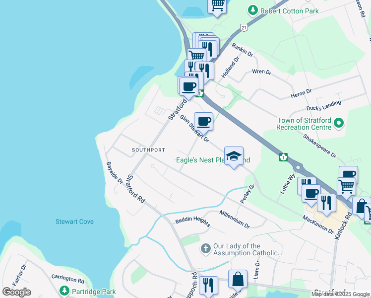 map of restaurants, bars, coffee shops, grocery stores, and more near 18 Mutch Drive in Stratford