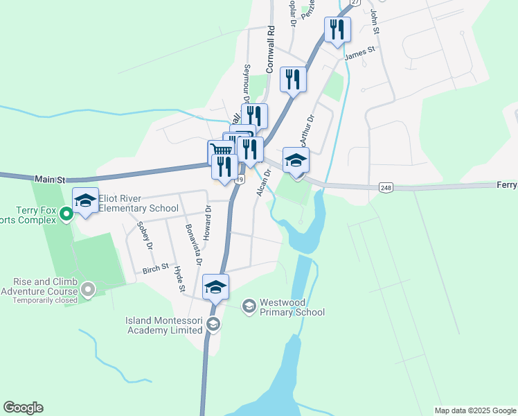 map of restaurants, bars, coffee shops, grocery stores, and more near 22 Alcan Drive in Cornwall