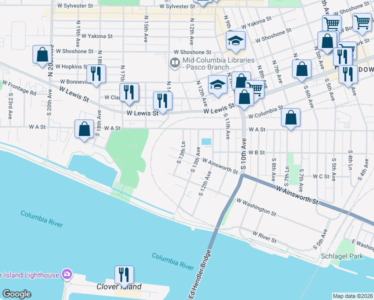 map of restaurants, bars, coffee shops, grocery stores, and more near 1319 West Ainsworth Street in Pasco
