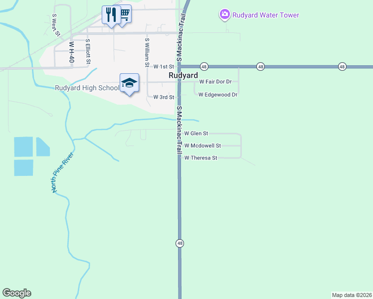 map of restaurants, bars, coffee shops, grocery stores, and more near 19320-19370 S Mackinac Trail in Rudyard