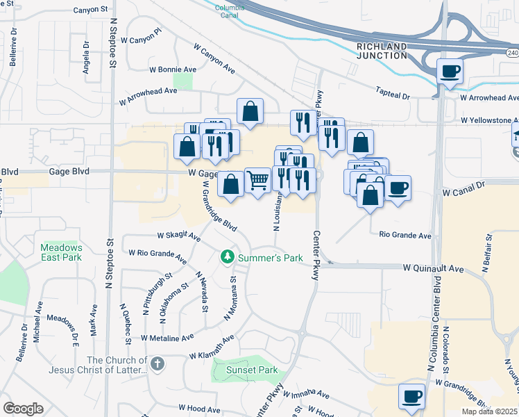 map of restaurants, bars, coffee shops, grocery stores, and more near 8505a West Gage Boulevard in Kennewick