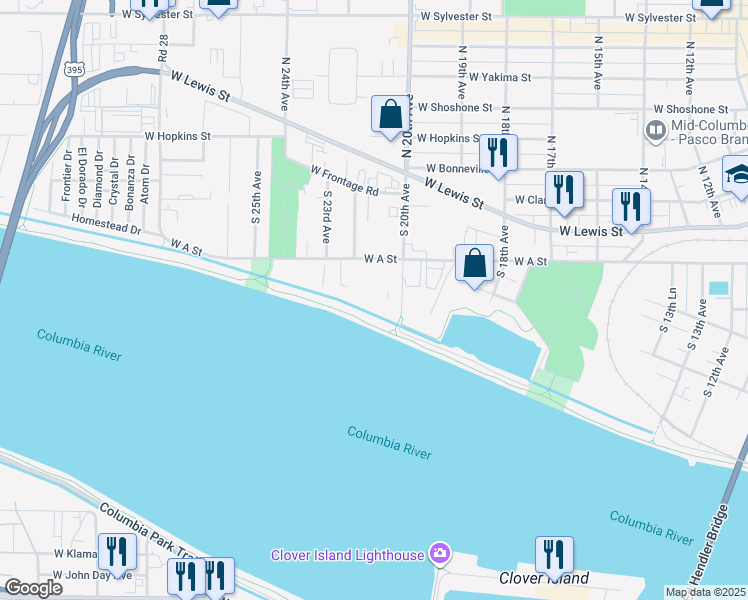 map of restaurants, bars, coffee shops, grocery stores, and more near 2120 West A Street in Pasco