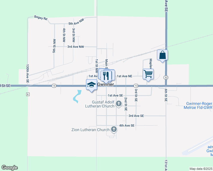 map of restaurants, bars, coffee shops, grocery stores, and more near 3 Main St N in Gwinner