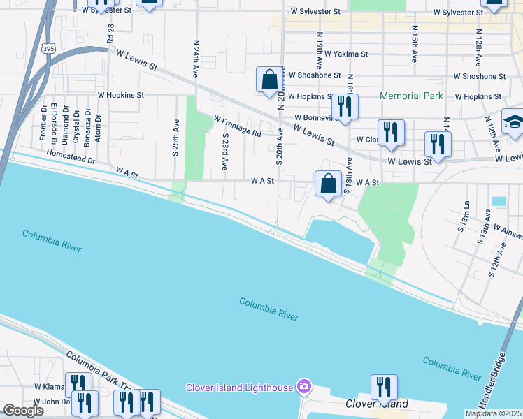 map of restaurants, bars, coffee shops, grocery stores, and more near 2120 West A Street in Pasco