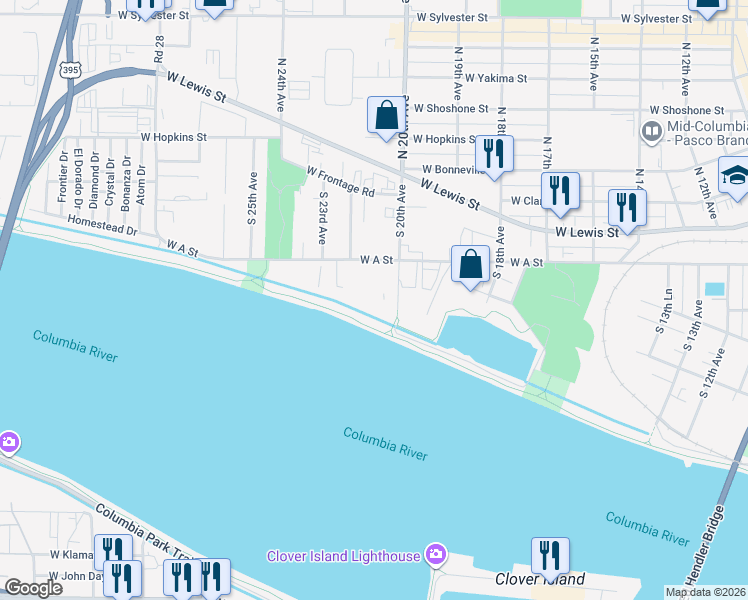 map of restaurants, bars, coffee shops, grocery stores, and more near 2120 West A Street in Pasco